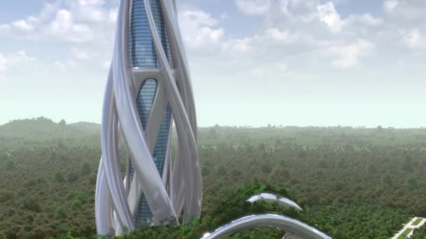 Futuristisk Stadsarkitektur Med Organiska Stål Höghus Strukturer Och Suspenderade Trädgårdar — Stockvideo