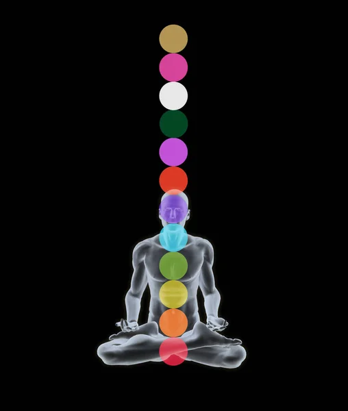Yoga Silhouet Illustratie Van Mens Lotus Poseren Met Gekleurde Chakras — Stockfoto