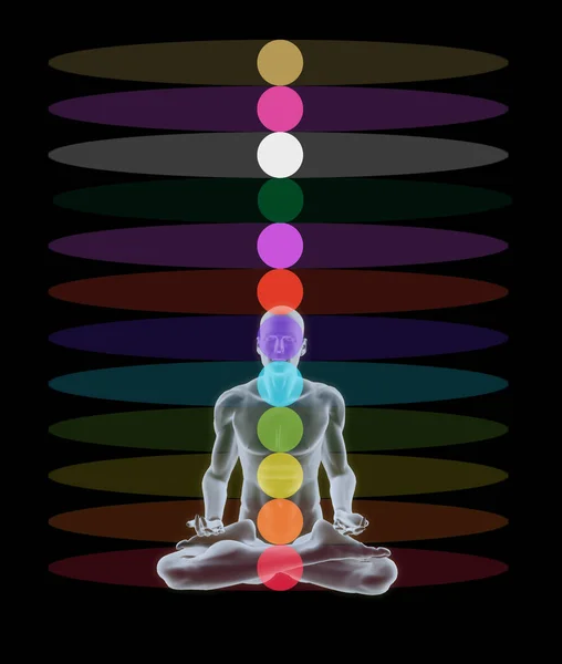 配上12个彩色查克拉的荷花姿势的人物形象 用于瑜伽插图 — 图库照片
