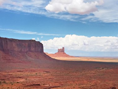 Arizona-Utah sınırındaki Navajo Ulus Kabile Parkı ziyaretçi merkezinden Anıt Vadisi Panoraması, ABD