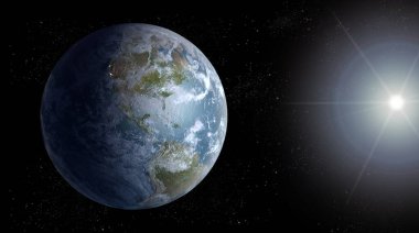 Dünya 'nın uzaydan yansıması. Arka planda güneş ışıl ışıl parlıyor..