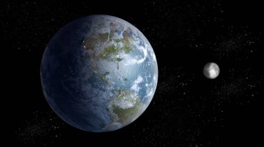 Dünya ve Ay 'ın uzayda gerçekçi bir şekilde resmedilmesi Kuzey ve Güney Amerika kıtalarını ve Atlantik Okyanusu' nu gösteriyor..