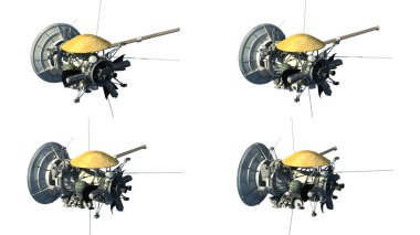 Cassini Huygens 'in misyonu olan robotik uzay aracının geniş çanak antenleri ve çeşitli enstrümanlarıyla beyaz bir arkaplana karşı uzayda yüzen dört örneği. Çizimde yer alan yol.