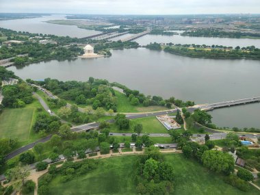 South view aerial of the National Mall with the Thomas Jefferson Memorial across the Tidal Basin, seen from the Washington Memorial in Washington DC, USA clipart