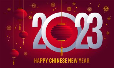 Mutlu Çin Yeni Yılı 2023. Şablon posteri, kart, Çin fenerleriyle izole edilmiş kırmızı arka planda parti davetiyesi.