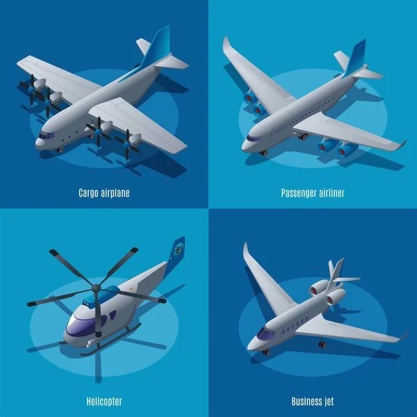 Aeronaves Diferentes Tipos 2X2 Avião Carga Avião Passageiros Helicóptero Jato — Vetor de Stock