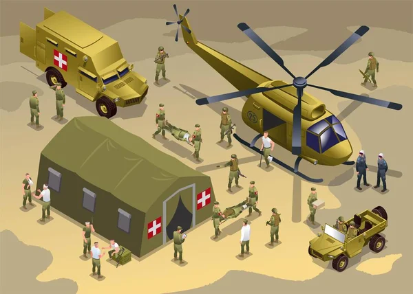 军事野战医院直升机和一辆军车将伤员送到医院 孤立背景下的等距图标 — 图库矢量图片