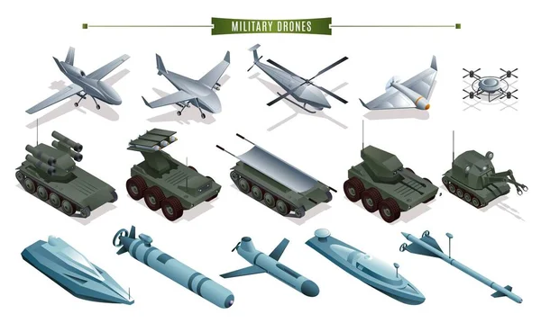 Drones Militaires Véhicules Aériens Sans Pilote Terrestres Sans Pilote Véhicules — Image vectorielle