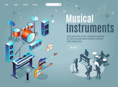 Müzikal Enstrümanlar iniş sayfasında şarkı söyleyen ve çalan insanlar, modern konser posterleri, ses blogu konsepti, izole edilmiş arka planda Isometric Vector illüstrasyonu