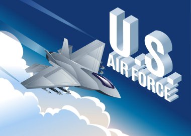Havadaki Jet Fighter ve ABD Hava Kuvvetleri 'nin izole edilmiş derin mavi arkaplan üzerindeki yatay sancak askeri havacılık çizelgesi.