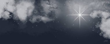 Beytüllahim 'in Noel yıldızı. Yıldızlı gökyüzü. Mutlu noeller. Bulutlu gece gökyüzü
