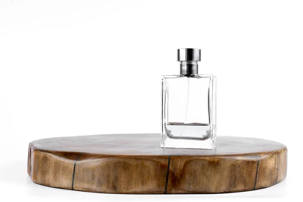 Glass Bottle Perfume Sprayer White Background Wooden Stand — Stock Photo, Image