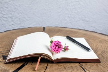 Masadaki defter ve kalemi aç. Kitabın üzerinde bir gül çiçeği. Sayfalar temiz.