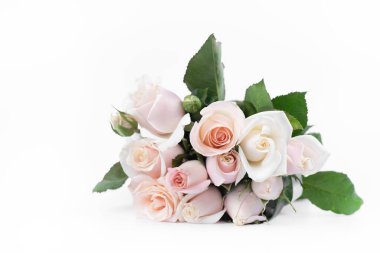 Çiçekler pembe güller. Buket. Beyaz bir arka planda. Çiçeklerin arkaplan dokusu