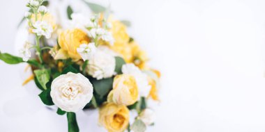 Vazoda bir buket çiçek. Beyaz bir arka planda. Bahar