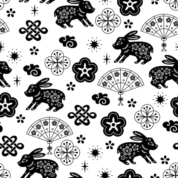 Chinese Traditional Oriental Ornament Background Zodiac Signs Rabbit Pattern Seamless — Stock Vector