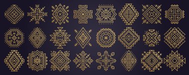 Aztek soyut geometrik elementleri. Etnik süsler. Kabile tasarımı, dövmeler, kartlar için geometrik semboller tasarım logosu, kartlar, arka planlar için dekoratif çalışmalar. Navajo motifleri