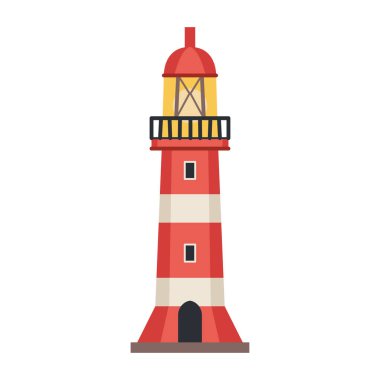 Deniz feneri simgesi beyaz vektörde izole edildi. Projektör lambasıyla izole edilmiş ikonu olan işaret kulesi. Vektör çizgili kule, navigasyon sembolü, denizci feneri..