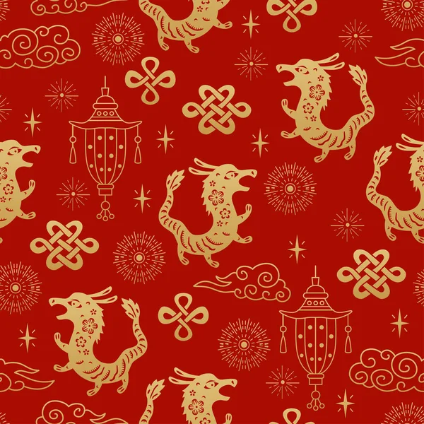 Chinese Traditional Oriental Ornament Background Zodiac Signs Dragon Pattern Seamless — Vettoriale Stock