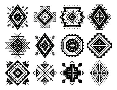 Aztek soyut geometrik elementleri. Etnik süsler. Kabile tasarımı, dövmeler, kartlar için geometrik semboller tasarım logosu, kartlar, arka planlar için dekoratif çalışmalar. Navajo motifleri