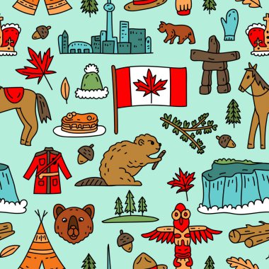 Vector seamless pattern on the theme of Canada. Pattern with colored symbols. Background for use in design, web site, packing, textile, fabric. Canada bright design.