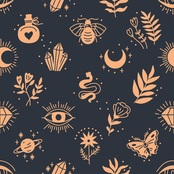 Seamless pattern of Mystical and Astrology objects in boho style. Trendy vector illustration. Hippie chic background. Good for fabric, wrapping, textile, wallpaper, apparel.