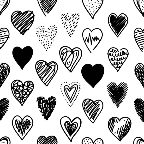 Χειροποίητο Σκίτσο Καρδιές Χωρίς Ραφή Μοτίβο Αφηρημένη Γραμμή Μαύρο Φόντο — Διανυσματικό Αρχείο