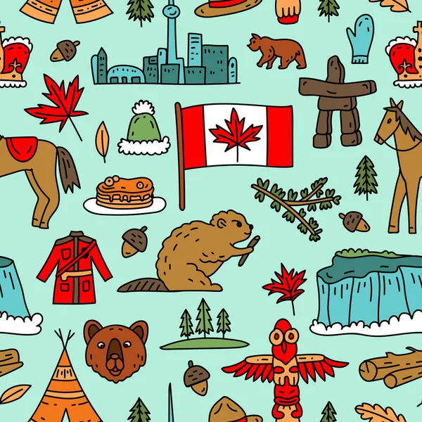 stock vector Vector seamless pattern on the theme of Canada. Pattern with colored symbols. Background for use in design, web site, packing, textile, fabric. Canada bright design.