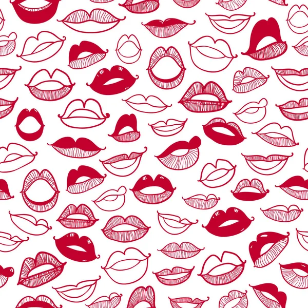 Vector Monochrome Seamless Pattern Contour Sketch Sexy Lips White Background — Stock Vector