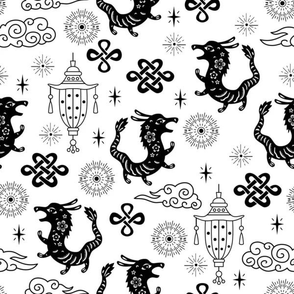 Chinese Traditional Oriental Ornament Background Zodiac Signs Dragon Pattern Seamless — Vettoriale Stock