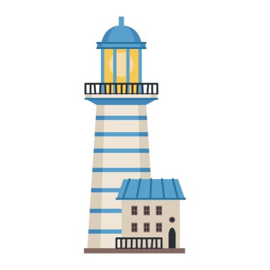 Deniz feneri simgesi beyaz vektörde izole edildi. Projektör lambasıyla izole edilmiş ikonu olan işaret kulesi. Vektör çizgili kule, navigasyon sembolü, denizci feneri..