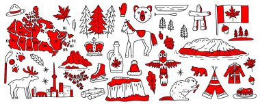 Canada vector travel symbols set. Collection of national canadian icons. Set of design elements in a flat style. Tourism. Vector concept for greeting cards, banners and posters.