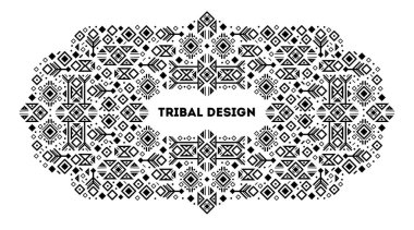 Vektör kabile kapağı şablonu, dekoratif Aztek sınırı. Siyah ve beyaz sanat dekorasyonu şekilleri. Metin için boşluk içeren satır biçimi - geometrik etnik çerçeve, lüks ambalaj, reklam, afiş