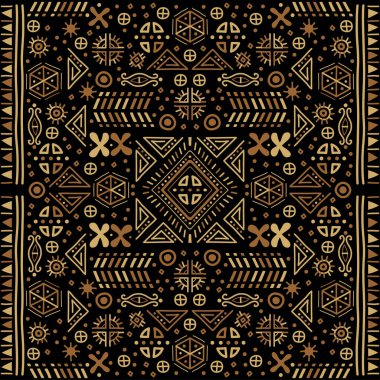 Geometrik etnik zemin. Parlak turuncu ve siyah sanat süslemeleri. Vektör kabile örtüsü geçmişi, dekoratif Afrikalı kusursuz,