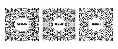 Kabile örtüsü şablonları, dekoratif Aztek sınırları, geometrik etnik çerçeveler. Siyah ve beyaz sanat dekorasyonu şekilleri. 