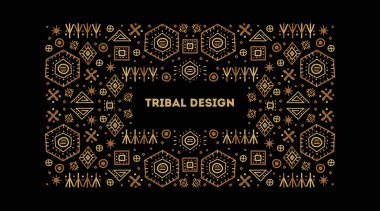 Parlak turuncu ve siyah sanat dekorasyonu şekilleri. Vektör kabile yapısı. Dekoratif Afrika sınırı. Metin için boşluk içeren satır biçimi - geometrik etnik çerçeve, lüks ambalaj, reklam, afiş