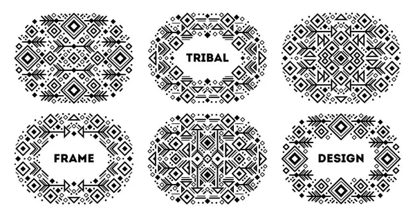 向量集的部落覆盖模板 装饰阿兹特克边界 几何族裔框架 黑白艺术装饰造型设置 — 图库矢量图片