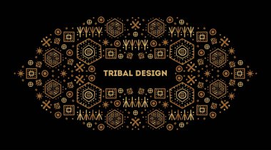 Parlak turuncu ve siyah sanat dekorasyonu şekilleri. Vektör kabile yapısı. Dekoratif Afrika sınırı. Metin için boşluk içeren satır biçimi - geometrik etnik çerçeve, lüks ambalaj, reklam, afiş