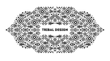 Dekoratif Aztek sınırı. Siyah ve beyaz sanat dekorasyonu şekilleri. Vektör kabile yapısı. Metin için boşluk içeren satır biçimi - geometrik etnik çerçeve, lüks ambalaj, reklam, afiş