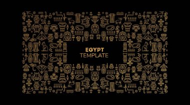 Dekoratif Afrika sınırı, vektör doğrusal Egipt kapak şablonu. Parlak turuncu ve siyah sanat dekorasyonu şekilleri. Metin için boşluk içeren satır biçimi - geometrik etnik çerçeve, lüks ambalaj, reklam, 