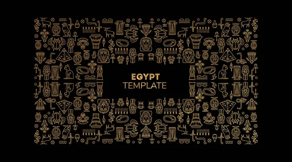 Dekoratif Afrika sınırı, vektör doğrusal Egipt kapak şablonu. Parlak turuncu ve siyah sanat dekorasyonu şekilleri. Metin için boşluk içeren satır biçimi - geometrik etnik çerçeve, lüks ambalaj, reklam, 