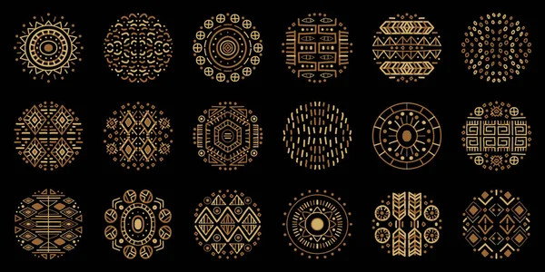 明亮的橙色和黑色艺术装饰圆形设置 部落覆盖模板 装饰非洲圆 几何种族形状的向量集 — 图库矢量图片
