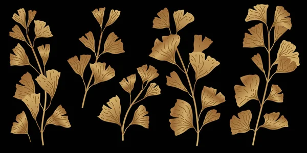 Ginkgo Gingko Biloba Altın Yaprakları Altın Desenli Tropikal Yaprak Koleksiyonu — Stok Vektör