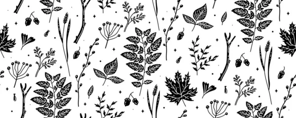 Monochrome Seamless Pattern Autumn Leaves Vintage Banner Decor Print Textile — Stock Vector
