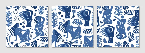 Abstract Blue Women Seamless Pattern Modern Line Art Silhouette Cubism — Stock Vector