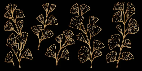 Altın Seti Mücevher Siyah Arka Planda Parlak Ginkgo Biloba Yaprakları — Stok Vektör
