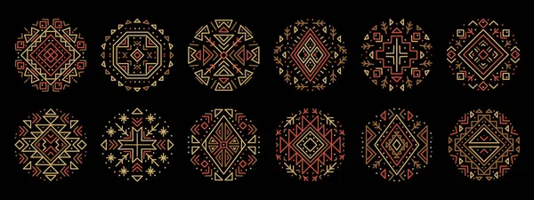 Wektorowy Zestaw Szablonów Plemiennych Dekoracyjne Azteckie Kręgi Geometryczne Kształty Etniczne — Wektor stockowy