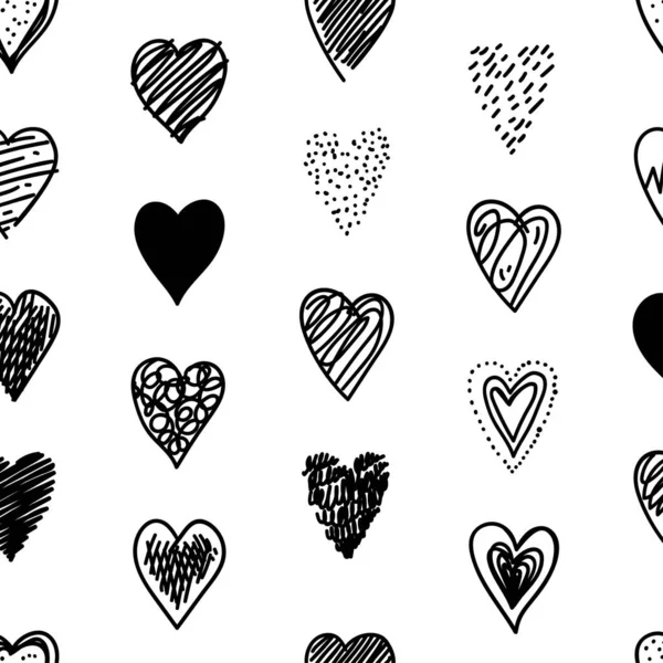 Χειροποίητο Σκίτσο Καρδιές Χωρίς Ραφή Μοτίβο Αφηρημένη Γραμμή Μαύρο Φόντο — Διανυσματικό Αρχείο