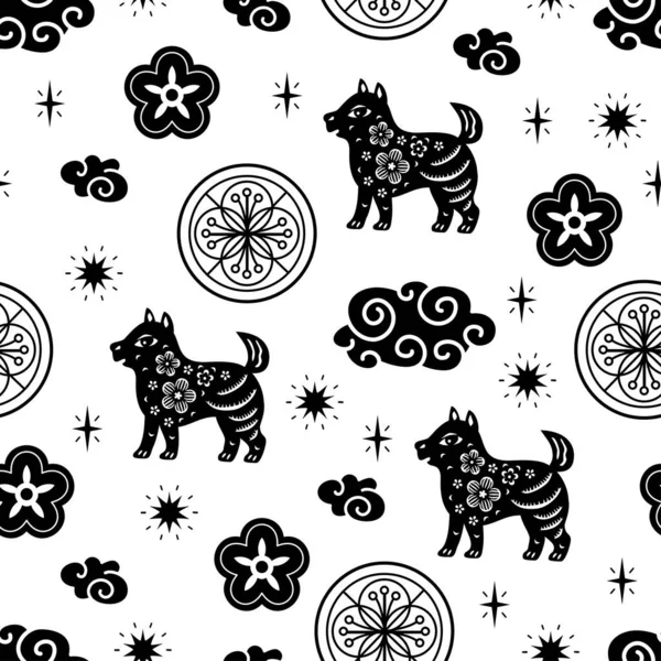 Chinese Traditional Oriental Ornament Background Zodiac Signs Dog Pattern Seamless — Vetor de Stock