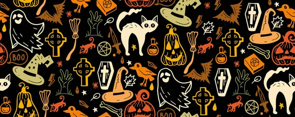 Векторное Оформление Фона Праздничными Символами Дня Мертвых Хэллоуин Бесшовный Шаблон — стоковый вектор